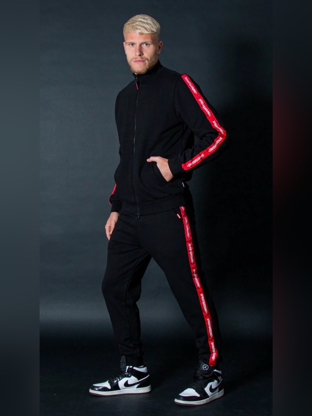 Moncler Black Track Jacket & Joggers with Red-White Accent Made in Italy